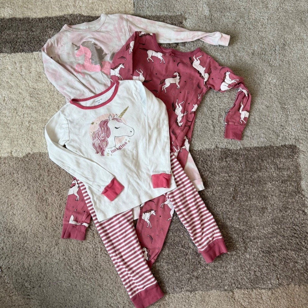 Carter's Girls 3-Pack Unicorn Pajama Set  Baby Gap Pink Mauve Size 5 Long Sleeve